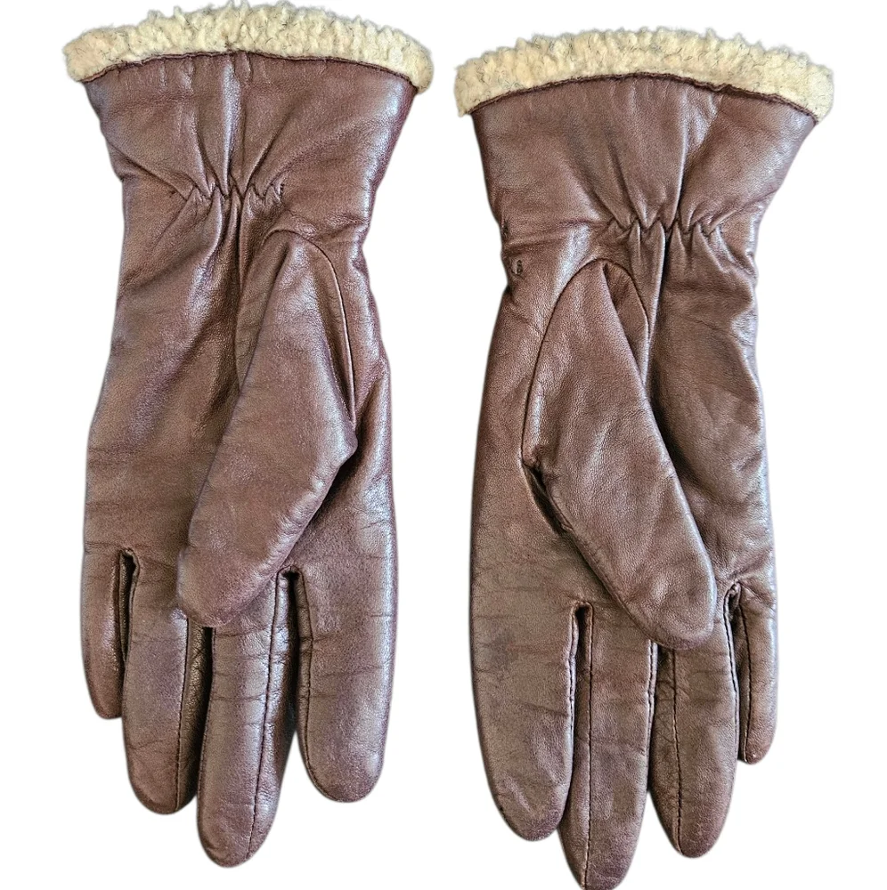Women's Sherpa Lined Chocolate Brown Leather Gloves Size S